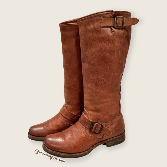 $399 Frye Veronica Slouch Cognac Brown Real Leather Engineer Knee/Calf High Boot - Picture 11 of 15